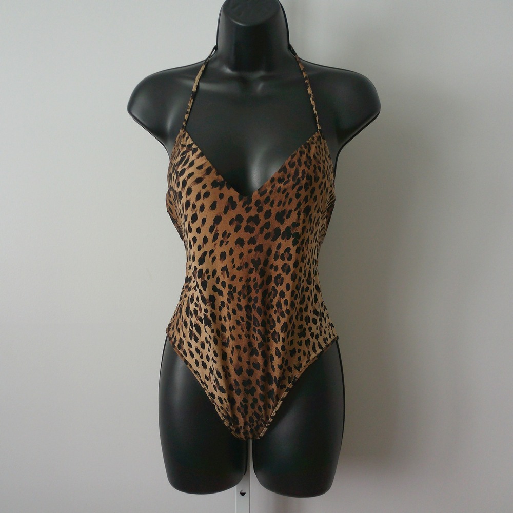 Leopard MobWife Y2K Coastal Beachy Animal Print Halter One Piece M Brown